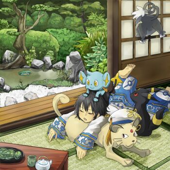 beret black_hair closed_eyes coat feet feet_up gen_2_pokemon gen_3_pokemon gen_4_pokemon hat highres japanese_clothes leg_up lotad lying nintendo on_stomach open_mouth outdoors persian_(pokemon) pokemon pokemon_conquest pond purugly sengoku_musou shinx sleeping table takenaka_hanbei_(sengoku_musou) tatami tea_cup tea_kettle tree umbreon white_coat
