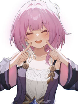 1girl bare_shoulders blush closed_eyes coat collarbone commentary cyrene_(aedes_elysiae)_(honkai:_star_rail) cyrene_(honkai:_star_rail) dress english_commentary facing_viewer finger_to_face hair_ornament hands_up honkai:_star_rail honkai_(series) index_finger_raised medium_hair open_mouth pink_hair purple_coat simple_background smile solo twitter_username upper_body white_background white_dress zinkaa