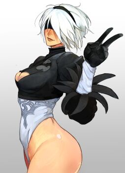 Rule 34 | 1girl, 2b (nier:automata), absurdres, back cutout, black gloves, black hairband, blindfold, breasts, cleavage, cleavage cutout, clothing cutout, covered eyes, feather-trimmed sleeves, feather trim, gloves, grey background, hairband, highleg, highleg leotard, highres, juliet sleeves, leotard, long sleeves, medium breasts, nier:automata, nier (series), puffy sleeves, raph mavrost, short hair, solo, thong leotard, v, white hair, white leotard