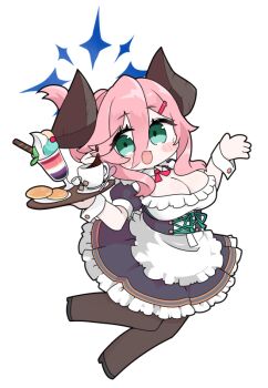 1girl :d apron black_dress black_shoes blue_archive blush_stickers breasts brown_pantyhose chibi cleavage cup dress folded_ponytail food frilled_apron frills full_body green_eyes hair_between_eyes hair_ornament hairclip halo hands_up high_heels holding holding_tray horns juri_(blue_archive) large_breasts miranofuudoria open_mouth pantyhose parfait pink_hair plate saucer shoes simple_background smile solo spoon tray white_apron white_background wrist_cuffs