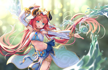 1girl :d arm_up blurry blurry_background bracer breasts brooch circlet clothing_cutout commentary crop_top dancer fake_horns floating_hair genshin_impact gold_trim green_eyes harem_outfit highres horns jewelry leg_up long_hair long_sleeves looking_to_the_side navel neck_ring nilou_(genshin_impact) open_mouth outstretched_hand parted_bangs parted_lips puffy_long_sleeves puffy_sleeves red_hair revision shirakawafel skirt small_breasts smile solo standing standing_on_one_leg stomach thighlet thighs twintails twitter_username veil very_long_hair vision_(genshin_impact) water