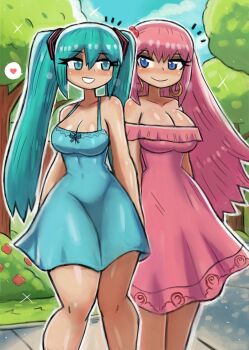 2girls blue_bow blue_dress blue_eyes blue_hair blue_theme blush bow breasts bush cleavage cloud collarbone dress earrings floral_print flower grass grin hair_flower hair_ornament hatsune_miku heart hoop_earrings jewelry large_breasts long_hair looking_at_another medium_breasts megurine_luka multiple_girls pink_dress pink_hair pink_theme print_dress red_flower road sky sleeveless sleeveless_dress smile sparkle speech_bubble spoken_heart standing teeth thick_thighs thighs tony_welt tree twintails vocaloid wide_hips