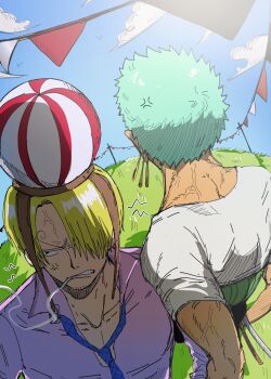 Rule 34 | 2boys, anger vein, blonde hair, chinese commentary, cigarette, collared shirt, commentary request, earrings, from above, grass, hair over one eye, haramaki, hat, highres, jewelry, male focus, mrjieshisu, multiple boys, necktie, one piece, outdoors, pink shirt, roronoa zoro, sanji (one piece), shirt, short hair, veins