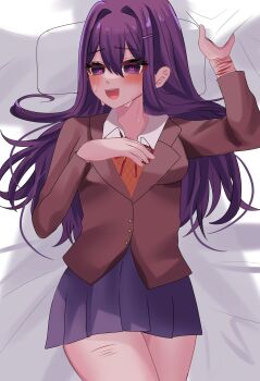 1girl :d absurdres blazer blue_skirt blush collared_shirt crossed_legs doki_doki_literature_club doki_doki_literature_club_school_uniform grey_jacket hand_on_own_chest head_on_pillow heart heart-shaped_pupils highres jacket long_hair looking_at_viewer lying moeti0302 neck_ribbon on_back open_mouth orange_vest pillow purple_eyes purple_hair ribbon scar scar_on_arm school_uniform self-harm shirt skirt smile sweatdrop symbol-shaped_pupils thigh_cutting vest white_shirt wrist_cutting yuri_(doki_doki_literature_club)