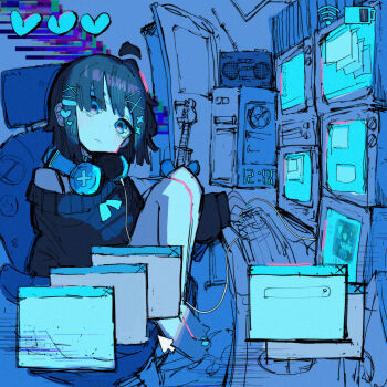 1girl album_cover bare_shoulders battery black_hair blue_eyes blue_theme clock commentary commission computer computer_keyboard computer_tower cover crt digital_clock english_commentary fake_phone_screenshot fake_screenshot furu_tkc guitar hair_ornament hair_over_one_eye headphones headphones_around_neck heart heart_hair_ornament highres instrument knees_to_chest monitor multiple_screens original radio search_bar second-party_source sitting skeb_commission solo sweater user_interface wi-fi_symbol window_(computing) x_hair_ornament