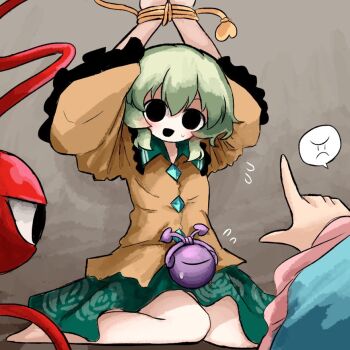 >:( barefoot black_eyes contrast_collar green_hair green_skirt grey_background hair_between_eyes heripantomorrow komeiji_koishi komeiji_satori long_sleeves looking_at_viewer no_headwear open_mouth pov restrained shirt skirt smile sweatdrop third_eye touhou v-shaped_eyebrows wide_sleeves yellow_shirt