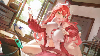 Rule 34 | 1girl, absurdres, ahoge, anger vein, animal ear hairband, animal ears, babydoll, cable knit, cardigan, cat ear hairband, cat earrings, cat ears, commentary request, controller, day, double-parted bangs, earrings, fake animal ears, frilled babydoll, front slit, game controller, green eyes, hair between eyes, hair ornament, hairband, hairclip, highres, hololive, indoors, jewelry, long hair, midriff, nail polish, navel, nintendo switch, oeuia, off shoulder, official alternate costume, open mouth, pink hair, pink nails, red cardigan, red shorts, ribbed thighhighs, sakura miko, sakura miko (loungewear), short shorts, shorts, single thighhigh, sitting, solo, tail pull, thighhighs, virtual youtuber, white babydoll