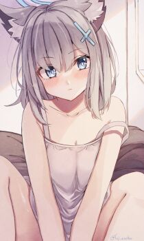 1girl alternate_costume animal_ear_fluff animal_ears blue_archive blue_eyes blue_halo blush bright_pupils camisole casual collarbone commentary_request cross_hair_ornament feet_out_of_frame grey_hair hair_between_eyes hair_ornament halo highres indoors katsukare knees_up long_hair looking_at_viewer pout shiroko_(blue_archive) sidelocks sitting solo spaghetti_strap twitter_username white_camisole white_pupils wolf_ears
