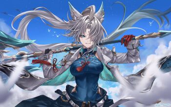 1girl animal_ear_fluff animal_ear_piercing animal_ears aqua_eyes asymmetrical_gloves axe battle_axe belt bird black_gloves blue_shirt blue_sky blurry blurry_foreground breasts bridal_gauntlets cloud cloudy_sky coat commentary covered_collarbone covered_navel earrings eyeliner feixiao_(honkai:_star_rail) forehead_jewel fox_ears fox_girl gloves gradient_hair hair_over_one_eye highres holding holding_axe honkai:_star_rail honkai_(series) jewelry large_breasts long_hair long_sleeves looking_at_viewer makeup multicolored_hair open_clothes open_coat parted_bangs parted_lips partially_fingerless_gloves ponytail red_eyeliner red_gloves shirt sky sleeveless sleeveless_shirt smile solo tassel teeth too_many too_many_birds twitter_username ulularts upper_body very_long_hair weapon white_belt white_coat white_hair