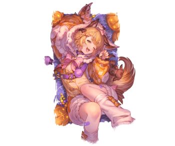 1girl :d animal_ear_fluff animal_ears animal_hood bandaid bandaid_on_leg blonde_hair braid breasts brown_eyes choker crown_braid dog_ears dog_tail erune facepaint fur-trimmed_hood fur_trim granblue_fantasy halloween halloween_costume hood hood_up knees_up leg_warmers looking_at_viewer lying minaba_hideo nail_polish official_alternate_costume official_art on_back one_eye_closed onesie open_mouth orange_nails paw_pose pink_ribbon plaid_clothes plaid_sleeves puffy_shorts puffy_sleeves ribbon short_hair shorts small_breasts smile solo tail third-party_source tongue tongue_out vajra_(granblue_fantasy) white_leg_warmers wide_sleeves
