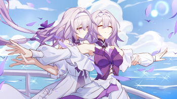 Rule 34 | 2girls, ^ ^, absurdres, bare shoulders, blue sky, breasts, castorice (honkai: star rail), castorice (the flower remembers) (honkai: star rail), chinese commentary, closed eyes, cloud, commentary, cowboy shot, day, dress, floating hair, hairband, hapwind, highres, honkai: star rail, honkai (series), long hair, long sleeves, multiple girls, parody, pointy ears, polyxia (honkai: star rail), polyxia (the flower remembers) (honkai: star rail), purple eyes, purple hair, siblings, sisters, sky, small breasts, sparkle, standing, titanic (movie), very long hair, white dress, white hairband