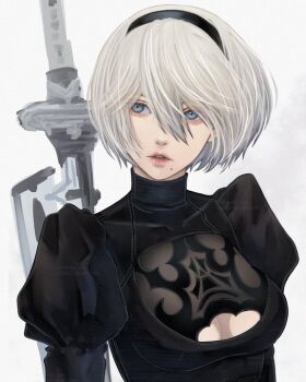 Rule 34 | 1girl, 2b (nier:automata), arm up, black dress, black gloves, blindfold, breasts, cleavage cutout, clothing cutout, commentary, covered eyes, cowboy shot, dress, facing viewer, feather-trimmed sleeves, gloves, gluteal fold, grey hair, groin, highres, juliet sleeves, leotard, leotard under clothes, long sleeves, medium breasts, mitsuki nite, mole, mole under mouth, nier:automata, nier (series), parted lips, puffy sleeves, short hair, side slit, simple background, solo, standing, sword, twitter username, virtuous treaty, weapon, white background, white leotard