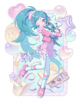 1girl aqua_hair full_body green_eyes green_hair heart holding long_sleeves looking_at_viewer one_eye_closed original simple_background smile solo standing thighhighs twintails white_background