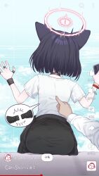 Rule 34 | 1girl, animal ears, black choker, black hair, blue archive, bra visible through clothes, cat ears, choker, clothes around waist, doodle sensei (blue archive), facing viewer, from behind, halo, hands up, highres, jacket, jacket around waist, kazusa (band) (blue archive), kazusa (blue archive), pink halo, rla13753, sensei (blue archive), shirt, short hair, short sleeves, sitting, solo focus, t-shirt, user interface, white shirt