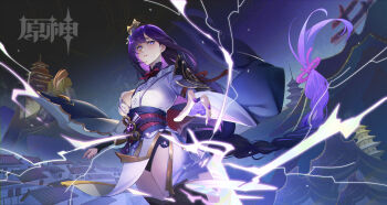 1girl absurdres architecture arm_up black_thighhighs blunt_bangs blush braid breasts bridal_gauntlets cleavage commentary_request east_asian_architecture electricity floating_hair from_side genshin_impact glowing glowing_eyes glowing_pupils gradient_hair hair_floating_upwards hair_ornament highres japanese_clothes kimono large_breasts lingerie long_hair long_sleeves mc-sm mole mole_under_eye multicolored_hair neck_ribbon night off_shoulder outdoors purple_eyes purple_hair purple_kimono purple_nails raiden_shogun reaching reaching_towards_viewer red_ribbon ribbon shade single_braid sky solo streaked_hair thighhighs thighs underwear wide_sleeves