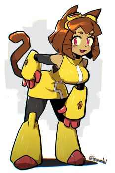 1girl animal_ears breasts cat_ears cat_girl cat_tail commentary dress full_body furry furry_female gameoverse goggles goggles_on_head highres iganashi1 kit_bodega large_breasts looking_at_viewer open_mouth red_eyes solo standing tail twitter_username whiskers yellow_dress