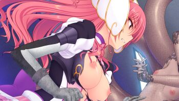 2girls angry bow breasts breasts_out clenched_hand clenched_teeth dutch_angle en_ciel_rena en_ciel_rena_(sin) from_side game_cg gloves kourin_tenshi_en_ciel_rena lamia large_breasts large_variant_set long_hair medium_breasts monster_girl multiple_girls nipples non-web_source official_art petrification pink_hair profile purple_bow saitou_natsuki suhamaya teeth tomoe_rena torn_clothes variant_set