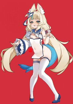 1girl absurdres animal_ear_fluff animal_ears blonde_hair blue_eyes blue_hair blue_nails blue_panties blue_shoes breasts cat_ears china_dress chinese_clothes dress fins fish_girl fish_tail full_body high_heels highres indie_virtual_youtuber jiangshi_costume johnny_(braun-kan_cafe) lifebuoy_hair_ornament long_hair low_twintails multicolored_hair nail_polish navel ofuda ofuda_on_head one_side_up open_mouth outstretched_arms panties pasties pelvic_curtain red_background sameko_saba shoes small_breasts solo streaked_hair tail thighhighs twintails two-tone_hair underboob underwear virtual_youtuber white_dress white_thighhighs zombie_pose