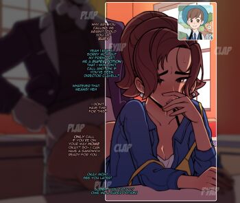 1girl 3boys apron ass bent_over bottomless breasts brown_eyes brown_hair character_request cheating_(relationship) clavell_(pokemon) cleavage clothed_sex commentary dark-skinned_female dark_skin doggystyle earrings english_commentary english_text florian_(pokemon) hetero highres housewife jewelry mature_female medium_breasts mother_(pokemon) netorare multiple_boys multitasking netorare nintendo not_enough_milk paldea_mother panties panty_pull plap pokemon pokemon_sv selfie sex sex_from_behind solo_focus sound_effects speech_bubble stealth_sex sweat talking talking_on_phone underwear video_call yellow_apron