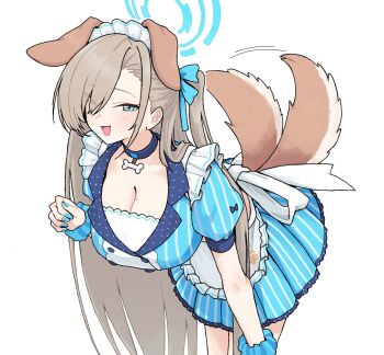 animal_collar animal_ears apron asuna_(blue_archive) blonde_hair blue_archive blue_dress blue_eyes blue_halo blush breasts choker cleavage collar collarbone dog_ears dog_tail dress hair_over_one_eye halo highres large_breasts long_hair looking_at_viewer maid maid_apron maid_headdress mole mole_on_breast official_alternate_costume open_mouth ponporu ponytail scrunchie smile tail tail_wagging thighs very_long_hair wrist_scrunchie