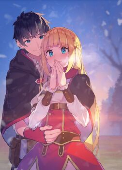Rule 34 | 1boy, 1girl, absurdres, black capelet, black hair, blonde hair, blue eyes, braid, capelet, closed mouth, commentary request, cowboy shot, dress, fingerless gloves, gloves, half up braid, hand on another's stomach, highres, long sleeves, open mouth, outdoors, overskirt, own hands together, red (shin no nakama), red gloves, red overskirt, rit (shin no nakama), second-party source, shin no nakama janai to yuusha no party wo oidasareta no de henkyou de slow life suru koto ni shimashita, sky, smile, steepled fingers, white dress, yasumo (kuusouorbital)