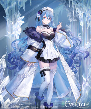 1girl absurdres ankle_boots apron artist_name azu-taro bare_shoulders belt black_dress black_flower black_shoes blue_eyes blue_hair boots breasts cleavage closed_mouth collar company_name copyright_logo dated detached_collar dress evertale flower frilled_dress frilled_thighhighs frills fur-trimmed_dress fur-trimmed_shoes fur_trim hair_between_eyes hair_flower hair_ornament high_heel_boots high_heels highres ice indoors leg_ribbon light_particles logo long_hair long_sleeves looking_at_viewer maid maid_headdress medium_breasts nail_polish official_art pillar pink_nails purple_flower ribbon shoes short_dress smile snow_white_(evertale) solo standing thigh_ribbon thighhighs two-tone_dress very_long_hair white_belt white_collar white_dress white_flower white_thighhighs wide_sleeves