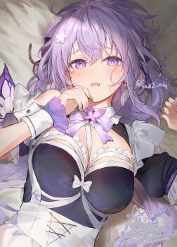 1girl alternate_costume bare_shoulders black_dress breasts bug butterfly castorice_(honkai:_star_rail) cleavage commentary dress enmaided highres honkai:_star_rail honkai_(series) insect large_breasts long_hair looking_at_viewer lying maid omelet_tomato on_stomach open_mouth pointy_ears purple_butterfly purple_eyes purple_hair short_sleeves upper_body