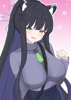 1girl absurdres animal_ear_fluff animal_ears between_breasts black_hair blue_archive blue_halo blue_skirt blue_sweater blunt_bangs blush breasts commentary_request gradient_background green_eyes hair_ornament halo hand_up highres impossible_clothes impossible_sweater kakapomilk large_breasts long_hair long_sidelocks looking_at_viewer parted_lips pencil_skirt pink_background ponytail shun_(blue_archive) sidelocks skirt smile strap_between_breasts sweater tassel tiger_ears tiger_girl turtleneck turtleneck_sweater upper_body