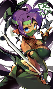 Rule 34 | 1girl, ass, blue eyes, breasts, center opening, cleavage, commentary, dark-skinned female, dark skin, english commentary, fingerless gloves, gloves, highres, holding, holding sword, holding weapon, katana, large breasts, life is pi, long hair, looking at viewer, mask, mouth mask, ninja, ninja mask, official alternate costume, pointy ears, ponytail, purple hair, shantae, shantae: half-genie hero, shantae (series), shuriken, shuriken earrings, smile, solo, sword, weapon