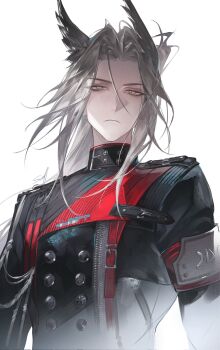 1boy arknights arknights:_endfield black_coat black_gloves closed_mouth coat commentary english_commentary gloves head_wings highres long_hair long_sleeves looking_at_viewer male_focus parted_hair pogranichnik_(arknights) simple_background sollvarti white_background white_hair wings yellow_eyes