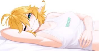 1girl adversarial_noise ahoge blonde_hair breasts dokibird fang green_eyes hair_between_eyes highres indie_virtual_youtuber large_breasts looking_at_viewer lying medium_hair navel on_side shirt simple_background skin_fang smile solo virtual_youtuber white_background white_shirt yoako