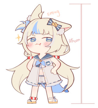 1girl animal_ear_fluff animal_ears blonde_hair blue_eyes blue_hair blue_sailor_collar blunt_bangs blush chibi chibi_only dayuh dress fang fins fish_girl fish_tail hands_on_own_hips indie_virtual_youtuber lifebuoy_anklet lifebuoy_hair_ornament long_hair low_twintails midriff multicolored_hair one_side_up paper_boat sailor_collar sailor_dress sameko_saba sameko_saba_(1st_costume) sandals shorts smug solo star_(symbol) streaked_hair tail twintails very_long_hair virtual_youtuber white_dress white_shorts