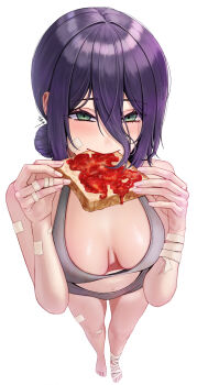 1girl absurdres bandaged_foot bandages bandaid bandaid_on_arm bandaid_on_cheek bandaid_on_face bandaid_on_finger bandaid_on_hand bandaid_on_leg blush bread bread_slice breasts breasts_apart chainsaw_man eating eruthu feet food food_in_mouth full_body green_eyes hashtag-only_commentary highres looking_at_viewer navel purple_hair reze_(chainsaw_man) simple_background solo toast toes underwear underwear_only white_background