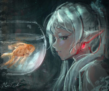 1girl commentary earrings elf fish fishbowl frieren from_side goldfish green_eyes highres jewelry lips long_hair morted_art painterly parted_lips pointy_ears portrait profile signature solo sousou_no_frieren teardrop_earrings twintails white_hair