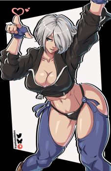 1girl abs angel_(kof) antonubbies backless_pants blue_eyes breasts chaps cleavage commentary crop_top cropped_jacket english_commentary fingerless_gloves gloves hair_over_one_eye highres jacket large_breasts leather leather_jacket looking_at_viewer midriff navel panties pants short_hair snk solo stomach the_king_of_fighters the_king_of_fighters_xiv thighs toned toned_female underwear white_hair