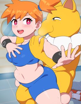 1boy 1girl asymmetrical_hair blue_shorts blush breasts bright_pupils bulge clothed_sex crop_top gen_1_pokemon grabbing_another&#039;s_breast groping gym_leader hetero hypno hypnosis indoors interspecies kabeume large_breasts looking_at_viewer medium_breasts midriff mind_control misty_(pokemon) navel nintendo open_mouth orange_hair pink_eyes pokemon pokemon_frlg pokephilia ponytail reverse_upright_straddle sex sex_from_behind shirt short_hair shorts side_ponytail smile spread_legs standing stomach_bulge straddling sweat teeth thick_thighs thighs tongue upper_teeth_only upright_straddle white_pupils wristband