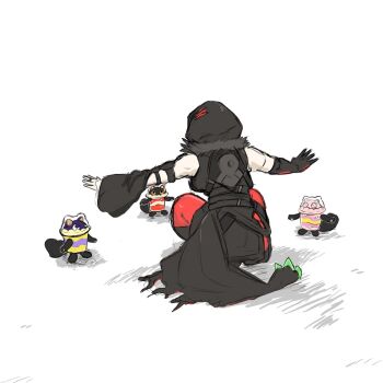 1girl animal_ears belt black_hood cat_ears check_commentary commentary_request cup cupsie_yummy diabellstar_the_black_witch duel_monster elbow_gloves facing_away fur_collar gloves highres jewelry jurassic_world looking_at_another mrimoritkg outstretched_arms ring single_elbow_glove tail white_background yu-gi-oh!