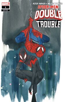 2boys absurdres black_bodysuit blue_bodysuit bodysuit character_name city comic_cover company_name copyright_logo copyright_name cover cover_page english_text highres logo male_focus marvel mask miles_morales multicolored_bodysuit multiple_boys night official_art peach_momoko peter_parker red_bodysuit spider-man spider-man_(miles_morales) spider-man_(series) spider-verse spider_web_print squatting superhero_costume upside-down
