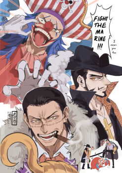 3boys absurdres anger_vein ascot beard black_hair buggy_the_clown chinstrap_beard cigar closed_mouth clown_nose crocodile_(one_piece) cross cross_necklace dracule_mihawk english_text eyelid_pull facial_hair hair_slicked_back hat highres hook_hand jewelry male_focus mature_male mouth_hold multiple_boys multiple_views mustache necklace ngumngim one_piece orange_eyes red_ascot smoking speech_bubble stitched_face stitches sword teeth_hold tongue tongue_out weapon