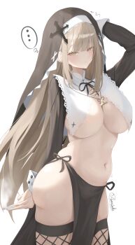 ... 1girl absurdres arm_behind_head arm_up ass black_loincloth black_thighhighs blush breast_curtains breasts brown_hair cigarette commentary_request cross cross_necklace earclip fishnet_thighhighs fishnets highres holding holding_cigarette jewelry large_breasts long_hair looking_at_viewer navel necklace nun_headdress original pennosuke revealing_clothes shrug_(clothing) side-tie_loincloth signature simple_background smoking solo speech_bubble stomach straight_hair sweatdrop thighhighs thought_bubble very_long_hair white_background wrist_cuffs