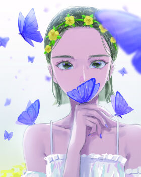 Rule 34 | 1girl, blue butterfly, blue nails, blurry, blurry foreground, bug, butterfly, camisole, commentary request, harudon23, head wreath, highres, insect, looking at viewer, original, short hair, solo, white camisole