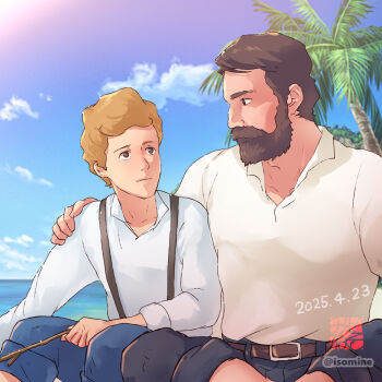 Rule 34 | 2boys, artist name, beach, beard, belt, brown hair, commentary request, dated, day, ernst robinson, eye contact, facial hair, franz robinson, hand on another's shoulder, isomine, looking at another, male focus, multiple boys, outdoors, palm tree, shirt, short hair, sitting, suspenders, swiss family robinson, tree, white shirt