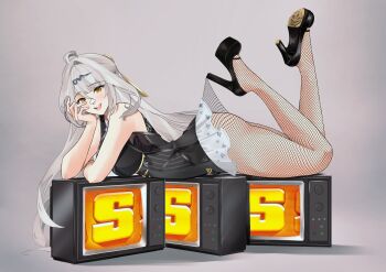 1girl absurdres adapted_costume ahoge bare_shoulders black_dress black_shoes blush breasts dress feet_up fishnet_pantyhose fishnets from_side full_body grey_background grey_hair hair_ornament hairpin head_rest high_heels highres hooked_on_heel lace_pantyhose_hooked_on_heel_(meme) large_breasts long_hair lying meisaki meme on_stomach open_mouth pantyhose pantyhose_tug shoes single_hair_intake sleeveless sleeveless_dress solo television the_pose yellow_eyes yixuan_(trails_of_ink)_(zenless_zone_zero) yixuan_(zenless_zone_zero) zenless_zone_zero