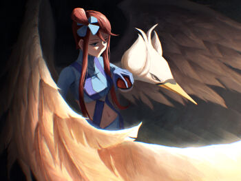 1girl absurdres beak bird blue_eyes blue_gloves blue_jacket blue_shorts breasts cchan_tuka cropped_jacket gen_5_pokemon gloves gym_leader hair_ornament highres holding holding_poke_ball huge_filesize jacket looking_to_the_side midriff navel nintendo poke_ball poke_ball_(basic) pokemon pokemon_(creature) pokemon_bw red_hair shade shaded_face short_hair_with_long_locks shorts sidelocks skyla_(pokemon) suspenders swanna topknot wings