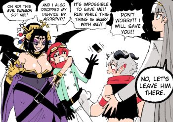 Rule 34 | 2boys, 2girls, aegiomon, bare shoulders, black hair, blue eyes, breasts, cleavage, demon girl, demon horns, demon wings, digimon, digimon (creature), digimon story: time stranger, english text, eyeshadow, facial mark, forehead mark, gloves, goat horns, goggles, goggles on head, green jacket, grey eyes, grey hair, hair ornament, horns, jacket, large breasts, lilithmon, long hair, makeup, misono inori, multiple boys, multiple girls, pointy ears, purple eyeshadow, purple lips, red hair, red scarf, scarf, short hair, vest, wanderjegson, white gloves, wings, yuuki dan