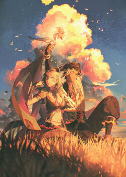 1boy 1girl absurdres arm_up bird black_pants blue_sky breasts claude_von_riegan claude_von_riegan_(winds_offered) cleavage closed_eyes closed_mouth cloud dark-skinned_male dark_skin day female_byleth_(fire_emblem) female_byleth_(jehanna)_(fire_emblem) fire_emblem fire_emblem:_three_houses fire_emblem_heroes grass highres knee_up large_breasts navel nintendo on_grass outdoors pants sitting sky smile stomach zhihaiwusheng