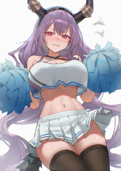 1girl absurdres arknights bare_shoulders black_hairband black_thighhighs blush breasts cheerleader chromatic_aberration cleavage clenched_teeth commentary_request cowboy_shot criss-cross_halter crop_top crop_top_overhang embarrassed hairband halterneck highres horns large_breasts long_hair looking_at_viewer miniskirt navel nose_blush parted_lips pink_eyes pleated_skirt pom_pom_(cheerleading) purple_hair simple_background skirt sleeveless solo squiggle tail teeth textless_version thighhighs translation_request typhon_(arknights) underboob uof v-shaped_eyebrows very_long_hair white_background white_skirt zettai_ryouiki