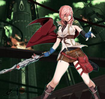 1girl aqua_eyes armor armpit_crease artist_name blue_gloves blurry blurry_background boots breasts brown_boots cape commentary eightyfourart feet_out_of_frame final_fantasy final_fantasy_xiii fingerless_gloves gloves gunblade hair_over_one_eye highres holding holding_sword holding_weapon jacket lightning_farron long_hair looking_at_viewer microskirt navel navel_piercing outdoors parted_lips piercing pink_hair pouch red_cape shoulder_armor sidelocks skirt sleeveless sleeveless_jacket small_breasts solo swept_bangs sword thigh_pouch thighs turtleneck watermark weapon web_address white_jacket
