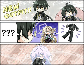 1boy 3girls ? black_hair black_jacket black_skirt blonde_hair breasts closed_mouth colored_eyelashes colored_inner_hair commentary_request dual_persona earrings female_rover_(wuthering_waves) flying_sweatdrops grey_hair hair_over_one_eye heart highres jacket jewelry korean_commentary long_hair lynae_(wuthering_waves) male_rover_(wuthering_waves) medium_breasts mornye_(wuthering_waves) multicolored_hair multiple_girls official_alternate_costume one_eye_closed rover_(wuthering_waves) shirt skirt smelling smelling_clothes smile spoken_question_mark triangle_earrings white_shirt windy_(jazz9207) wuthering_waves yellow_eyes