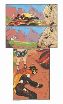 Rule 34 | 2girls, 3koma, black jumpsuit, blonde hair, blue shorts, breasts, cleavage, comic, crash, english text, genshin impact, hand on own face, helmet, jumpsuit, mavuika (genshin impact), motor vehicle, motorcycle, multiple girls, red hair, shorts, thumbs up, twitter username, tyrone, xilonen (genshin impact)